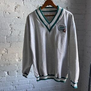 Vintage Hillshire Farms Fleece Lined Gray V-Neck Sweater with Green Stripes